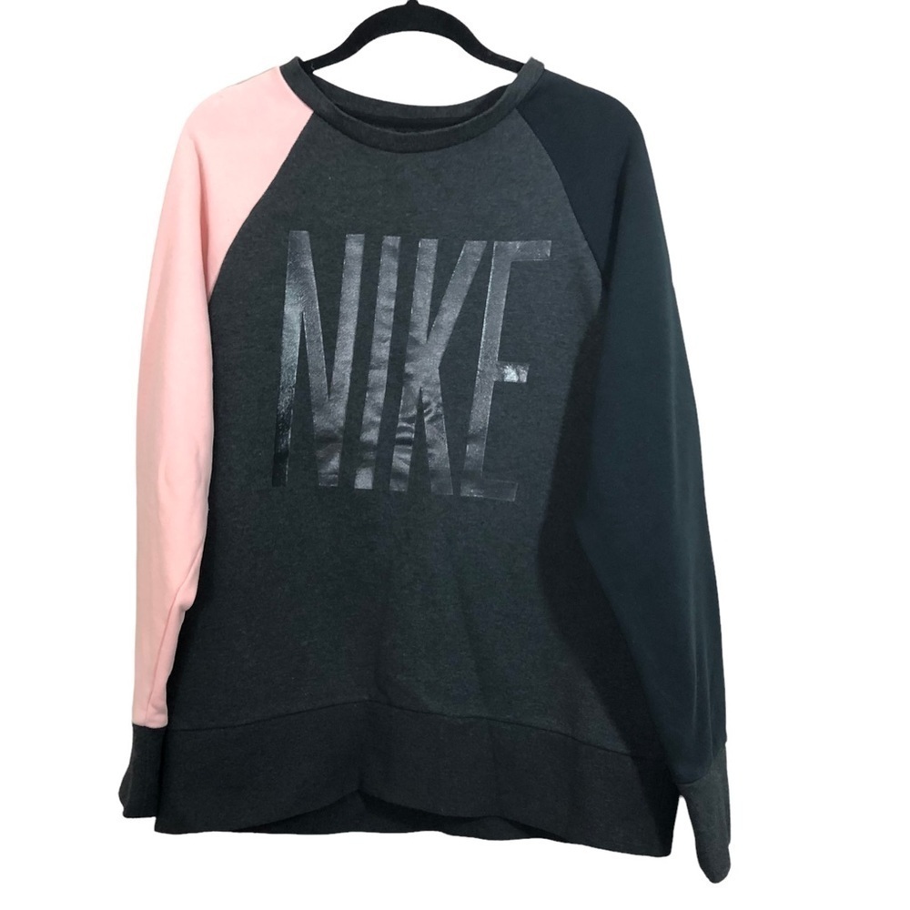 NIKE Dri Fit Color Block Spellout Logo Gray Black Pink Pullover Sweatshirt